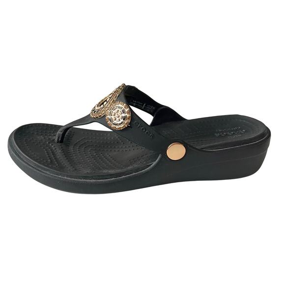 Crocs  Sanrah Diamante Embellished Black Gold Wedge Flip Flop Sandals Women Sz 6 - Picture 1 of 10